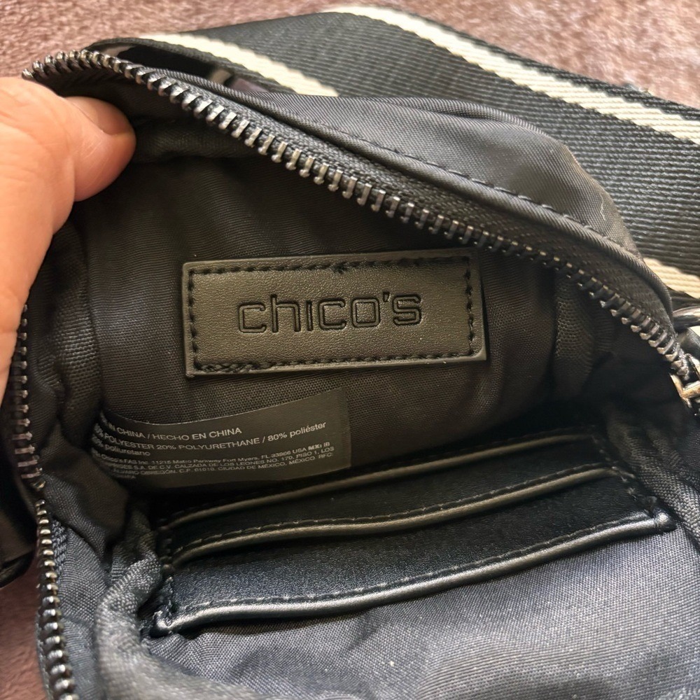 Chico's Black Nylon Crossbody Bag with Detachable Pouch and Striped Strap - Picture 7 of 11